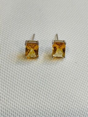 14K White Gold Emerald Cut Birthstone Citrine Stud Earrings